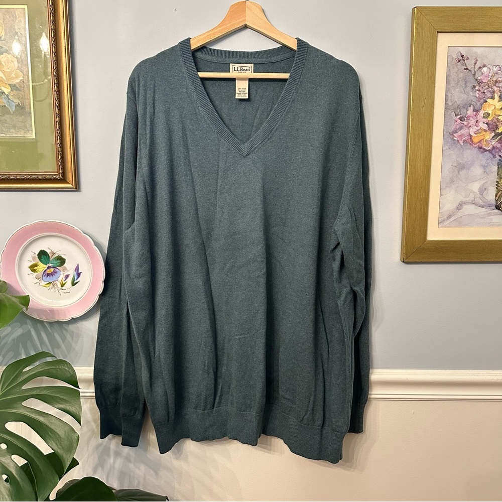 L.L. Bean Mens V-Neck Sweater XXL Cotton Cashmere Rugged Neutral Green Outdoor